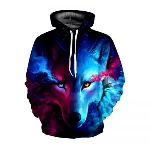 AVANT D'UN SWEAT BLEU ET ROSE AVEC UNE TÊTE DE LOUP